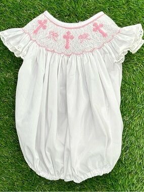 White Baby Bubble with Pink Smocked Crosses